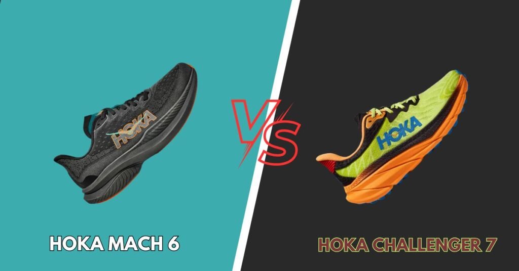 Comparison of the outsoles of the Hoka Mach 6 and a Hoka trail shoe, showcasing the sleek, minimalist design of the Mach 6 outsole versus the rugged, multi-directional lugs of the trail shoe designed for grip on uneven surfaces.