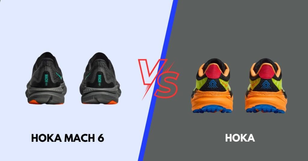Rear view comparison between the Hoka Mach 6 and a Hoka trail shoe, highlighting the streamlined and low-profile heel of the Mach 6 versus the vibrant, reinforced heel counter of the trail shoe for added stability.