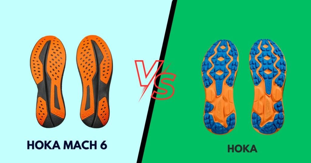 Side-by-side view of the Hoka Mach 6 and the Hoka Challenger 7, focusing on the lightweight, aerodynamic build of the Mach 6 against the durable, trail-ready design of the Challenger 7.