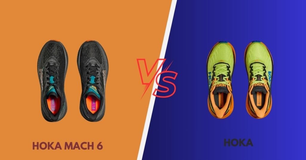 Comparison of the outsoles of the Hoka Mach 6 and a Hoka trail shoe, showcasing the sleek, minimalist design of the Mach 6 outsole versus the rugged, multi-directional lugs of the trail shoe designed for grip on uneven surfaces.