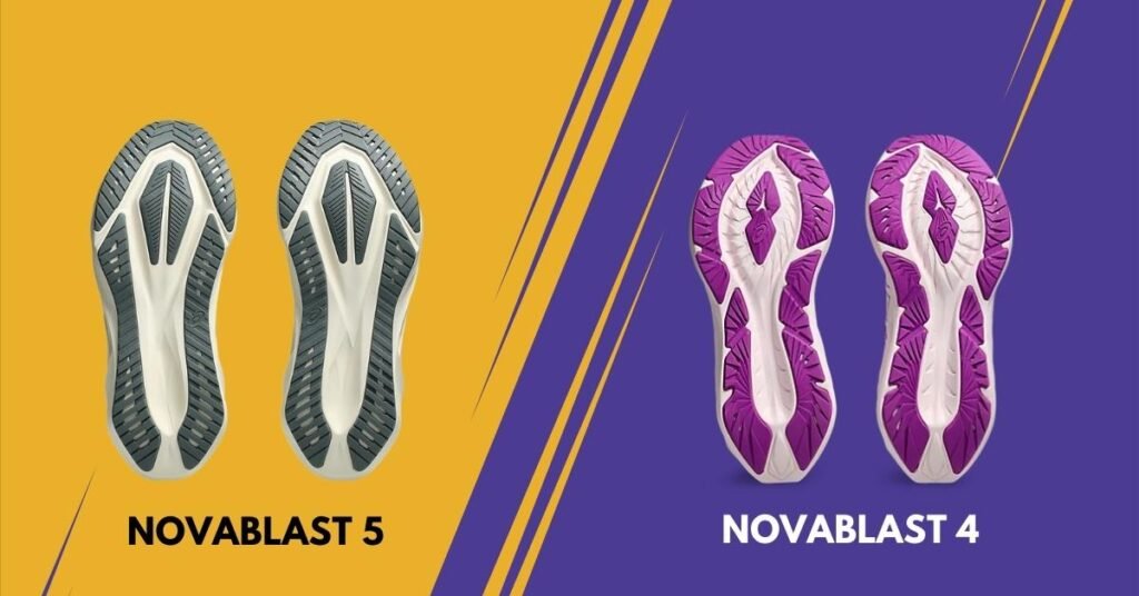 A comparison of the outsoles of the ASICS Novablast 5 and Novablast 4. The Novablast 5 has a black-and-white outsole with a structured pattern, while the Novablast 4 features a white outsole with purple accents and a more segmented design.