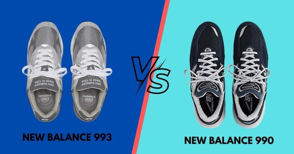 A side-by-side comparison of the New Balance 993 and New Balance 990 sneakers from a top-down perspective, showing their lace-up design and overall shape.