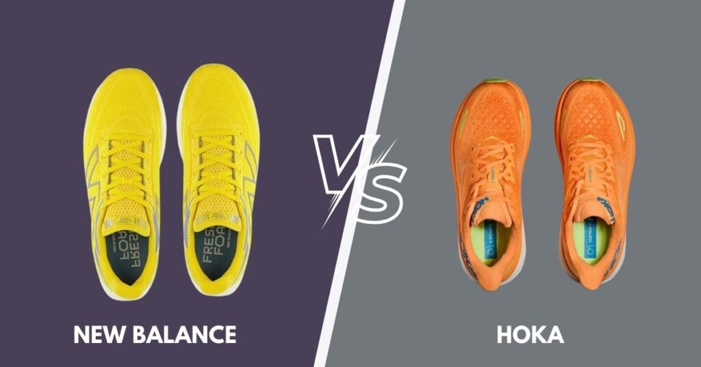 "A side-by-side comparison of New Balance and Hoka running shoes from a top-down view. The New Balance pair is bright yellow with a mesh upper and a structured design, while the Hoka pair is vibrant orange with a breathable, patterned upper. A 'VS' graphic in the center divides the two brands."