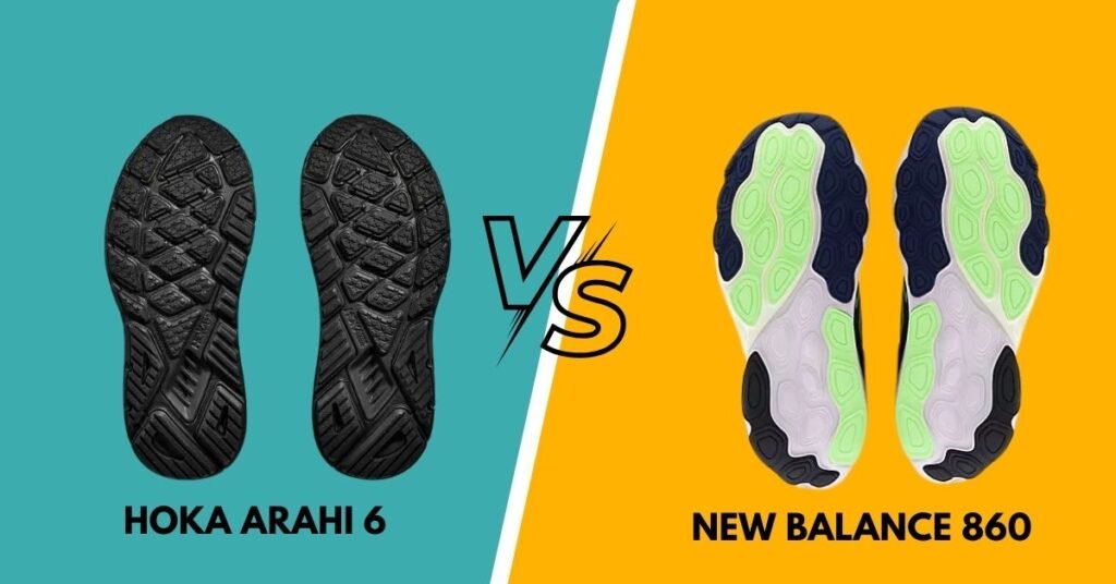 A side-view comparison of the Hoka Arahi 6 (left) and the New Balance 860 (right). The Hoka Arahi 6 is an all-black running shoe with a thick midsole and a sleek, curved design, while the New Balance 860 is a blue and white shoe featuring the "N" logo and a visible foam midsole. The image has a light blue and gray background, with a "VS" graphic in the center designed like a comic book explosion.