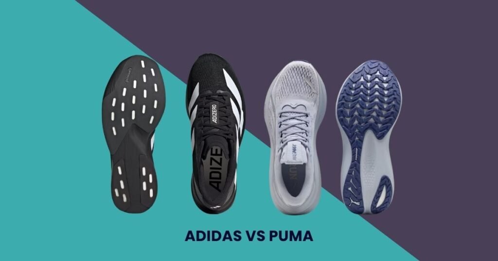 "Top and bottom views of Adidas and Puma running shoes for a side-by-side comparison. The Adidas shoe features a black upper with white stripes and a distinct outsole pattern, while the Puma shoe has a lightweight white upper with a textured outsole. The background is split into two contrasting colors, reinforcing the comparison."