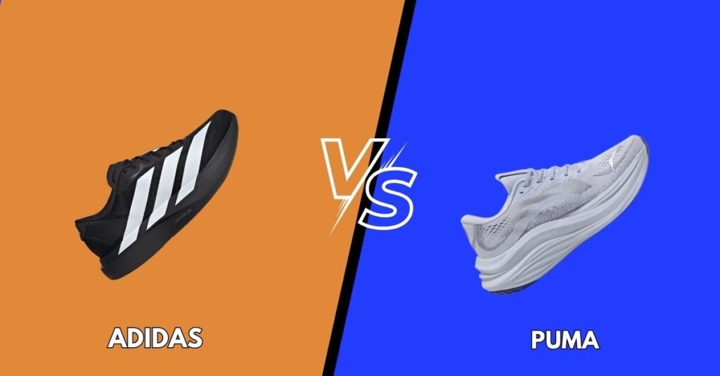 "A comparison between Adidas and Puma running shoes. The Adidas shoe, black with bold white stripes, is displayed against an orange background, while the Puma shoe, in a sleek white design, is set against a blue background. A 'VS' graphic in the center emphasizes the comparison."